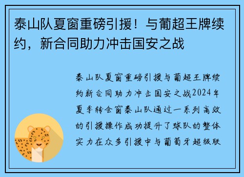 泰山队夏窗重磅引援！与葡超王牌续约，新合同助力冲击国安之战