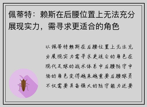 佩蒂特：赖斯在后腰位置上无法充分展现实力，需寻求更适合的角色